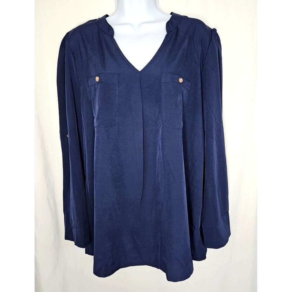 Missky Women's Lightweight Blue Long Roll-Tab Sleeve Blouse Size XL -‎ NWT
